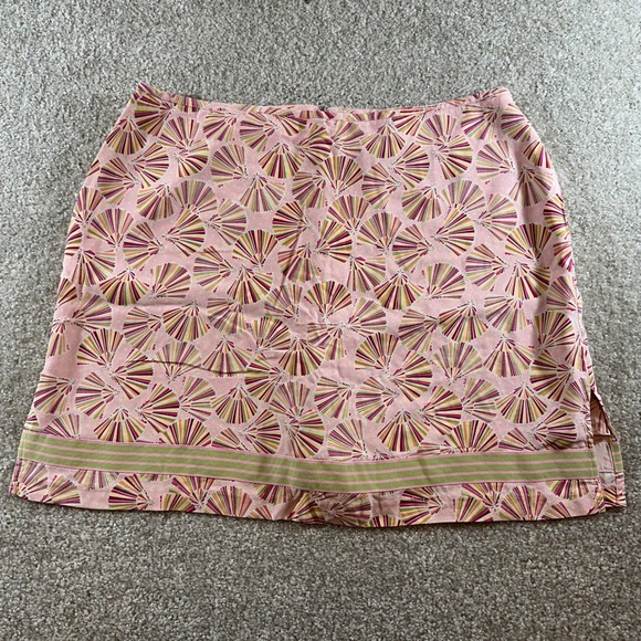 Anne Carson Pink Silk Skirt Size 16 Fan Print Green Trim Mini skirt - Picture 1 of 6